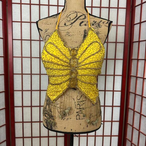 Source Unknown Tops - Y2K Yellow Beaded Butterfly Halter Belly Dance Crop Top
